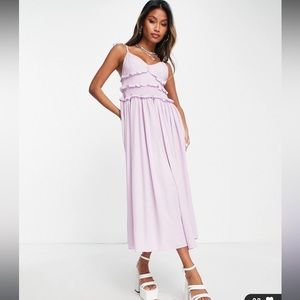 Topshop shirred ruffle slip midi dress in lilac